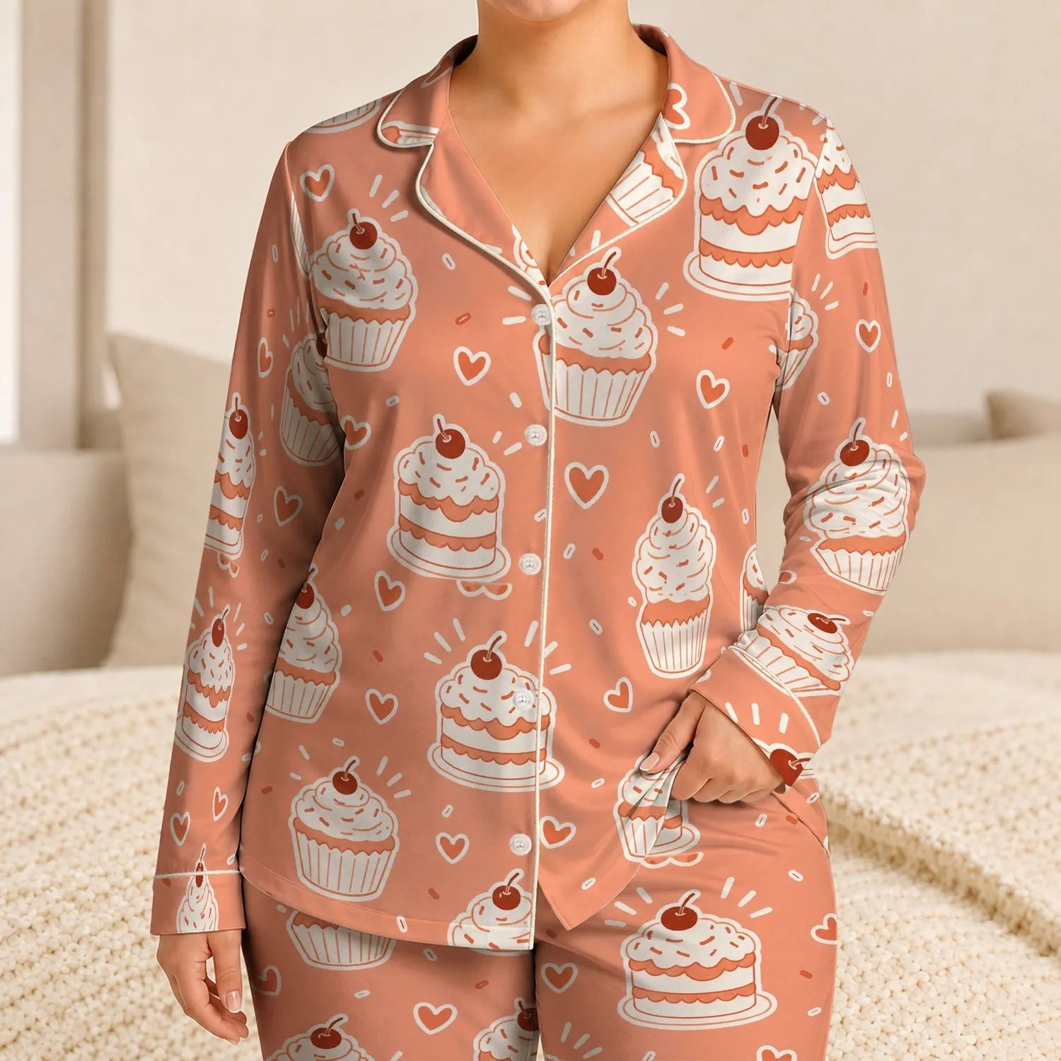 Cupcake Cherry Dessert Motif for Cozy Bedtime, Lounge Lovers and Sweet Treat Fans Satin Pajamas Set - 1
