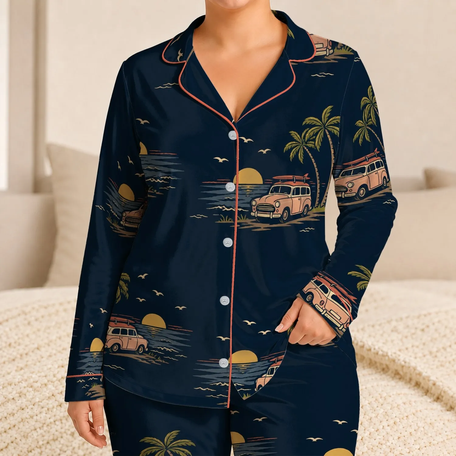 Vintage Beach Wagons And Palm Trees For Coastal Getaways And Relaxed Summer Lounging Satin Pajamas Set - 1