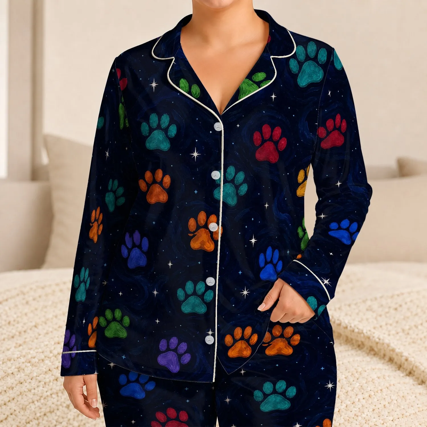 Colorful Dog Paw Motifs And Celestial Stars For Cozy Evening Lounging With Dog Lovers Satin Pajamas Set - 1
