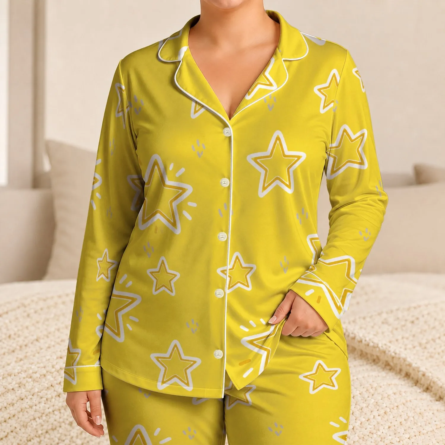 Yellow Double Outline Stars for Cheerful Sleepwear and Relaxing Lounging At Home Satin Pajamas Set - 1