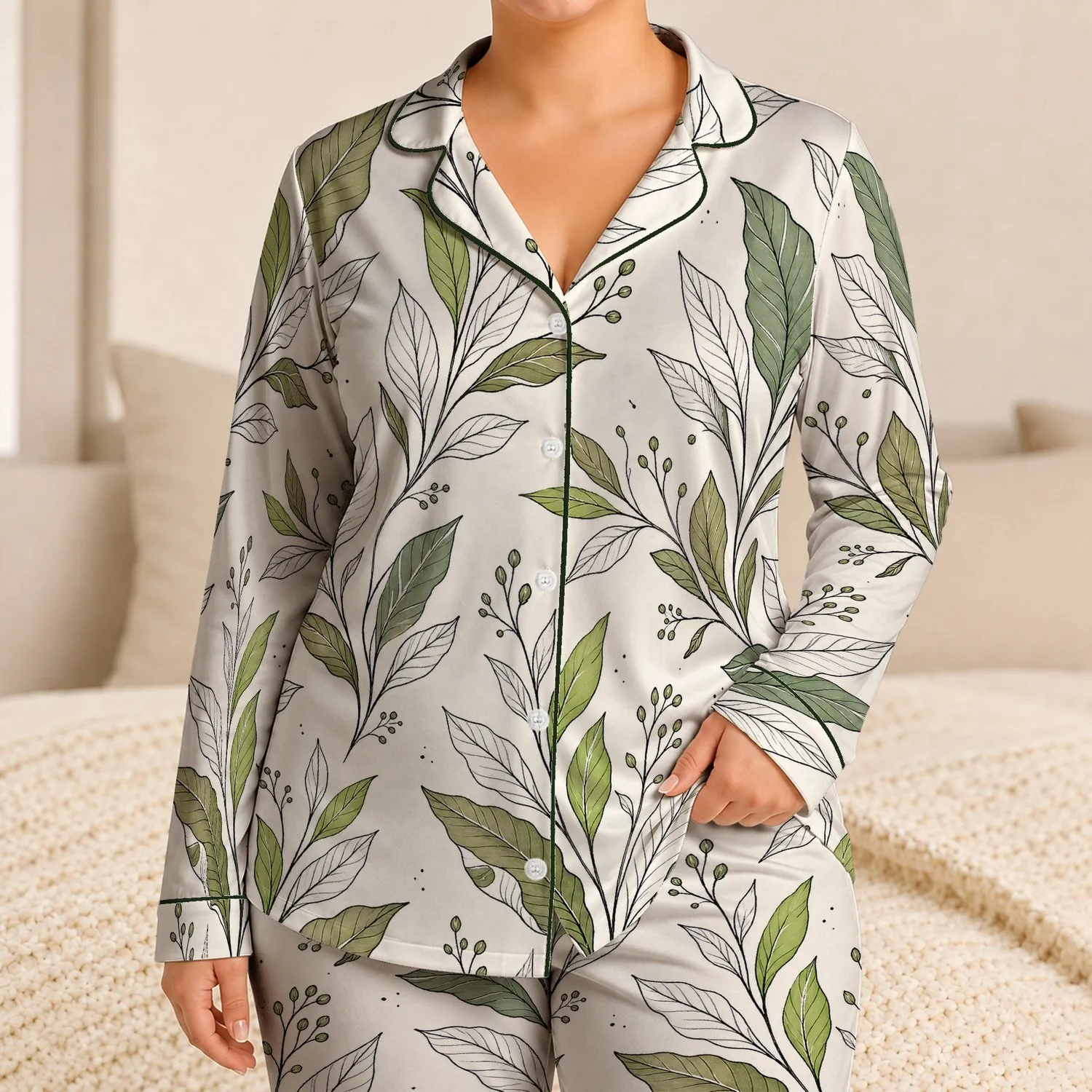 Tropical Green Leaf Botanical Motif For Relaxed Evenings At Home And Weekend Getaways Satin Pajamas Set - 1