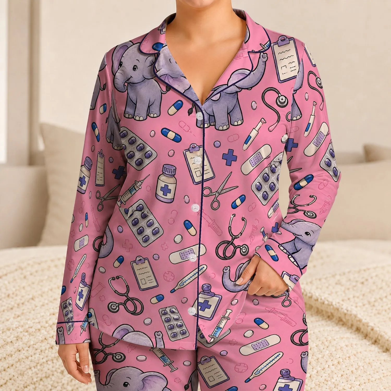 Lavender Baby Elephants And Medical Care Icons For Nurses Relaxing At Home Gift Satin Pajamas Set - 1