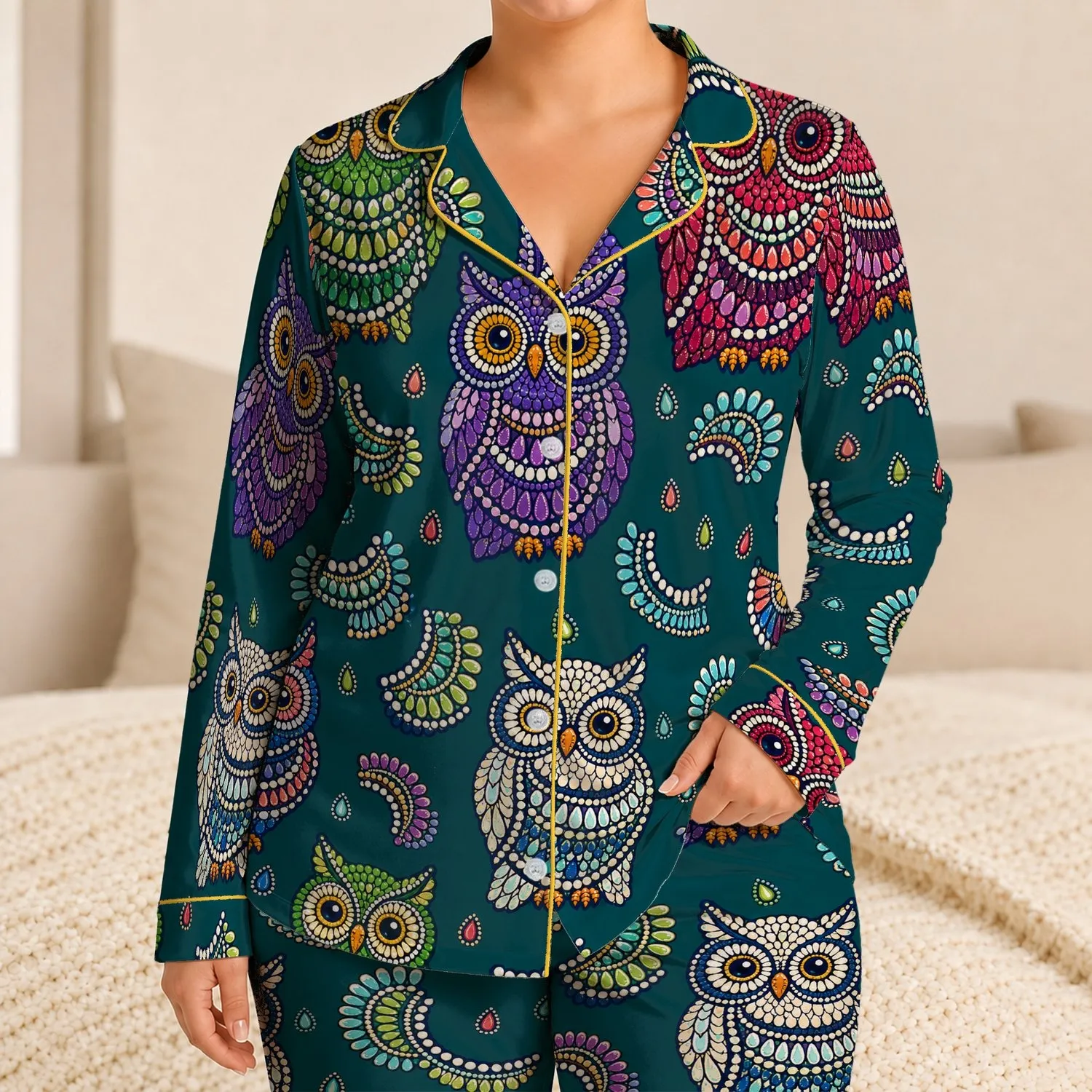 Colorful Mosaic Owls For Cozy Sleepwear And Lounge Lovers Satin Pajamas Set - 1