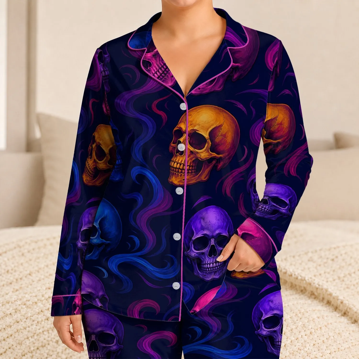 Colorful Skull Motif For Gothic Sleepwear Lovers And Alternative Style Satin Pajamas Set - 1