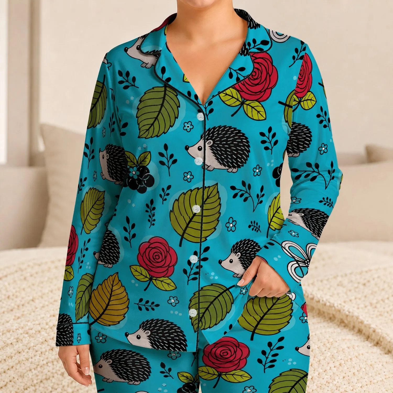 Botanical Hedgehog And Rose Folk Art For Cozy At-Home Lounging And Bedtime Nature Lovers Satin Pajamas Set - 1