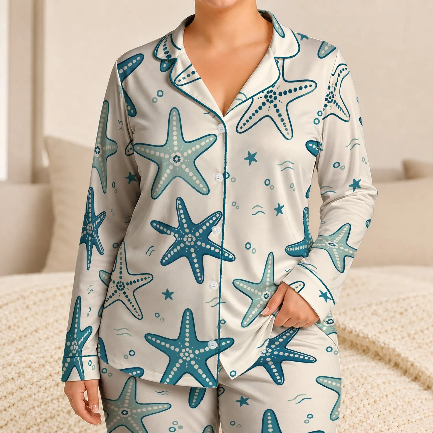 Teal Starfish Coastal Sea Life For Beach Trips, Resort Lounging And Ocean Lovers Gift Satin Pajamas Set - 1