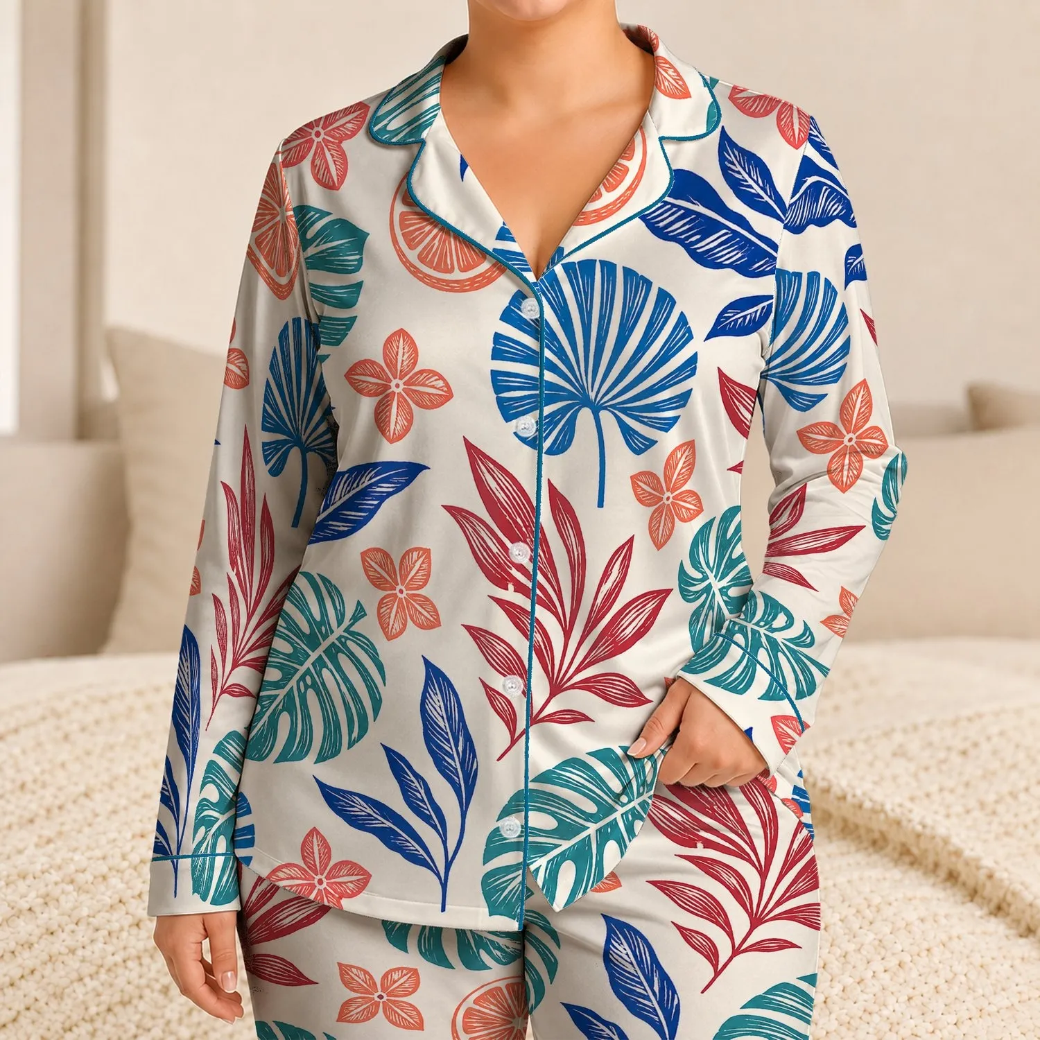 Tropical Monstera Leaves and Citrus for Coastal Lounging and Relaxed Weekends At Home Satin Pajamas Set - 1