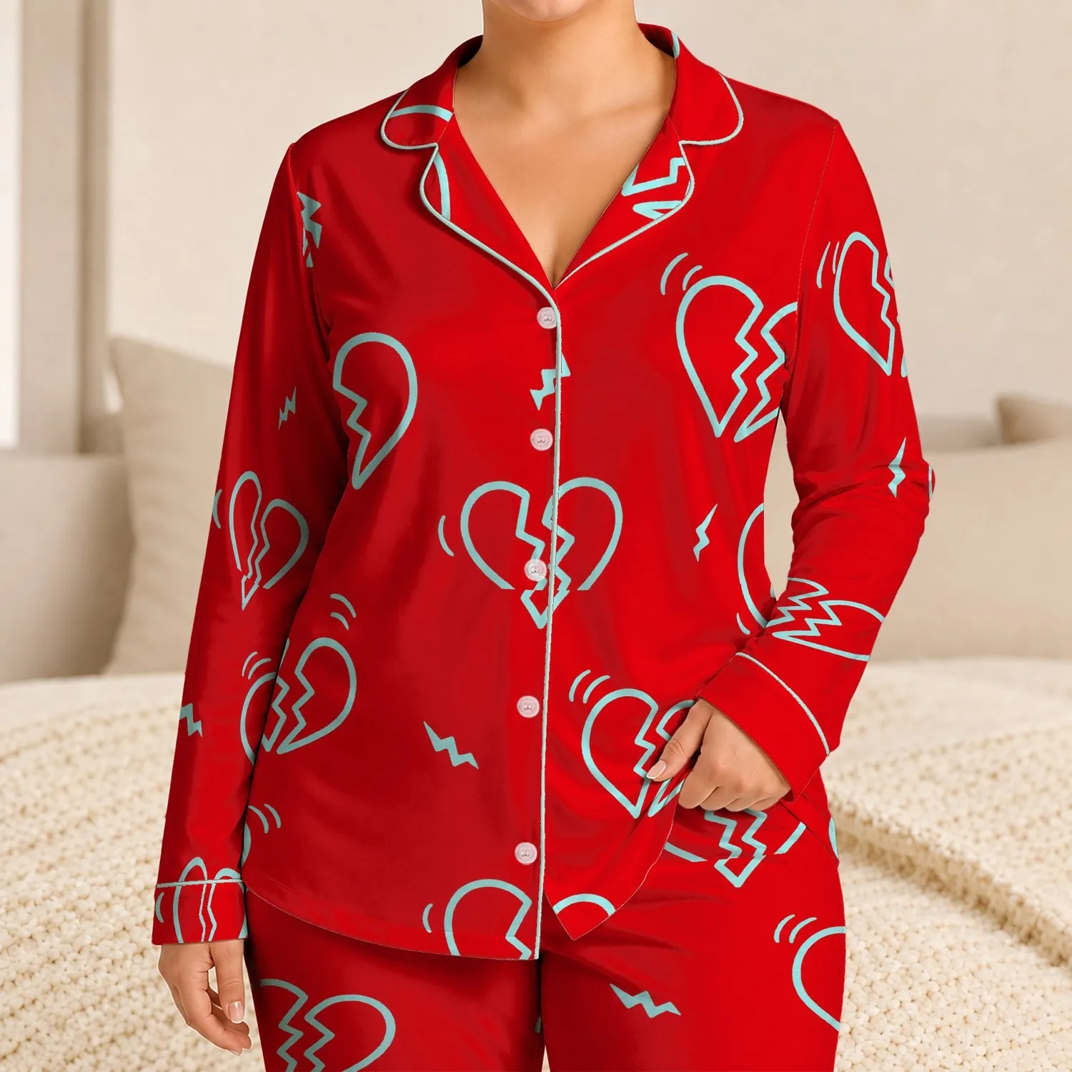 Aqua Broken Hearts On Crimson For Valentine Sleepwear And Lounge Lovers Satin Pajamas Set - 1