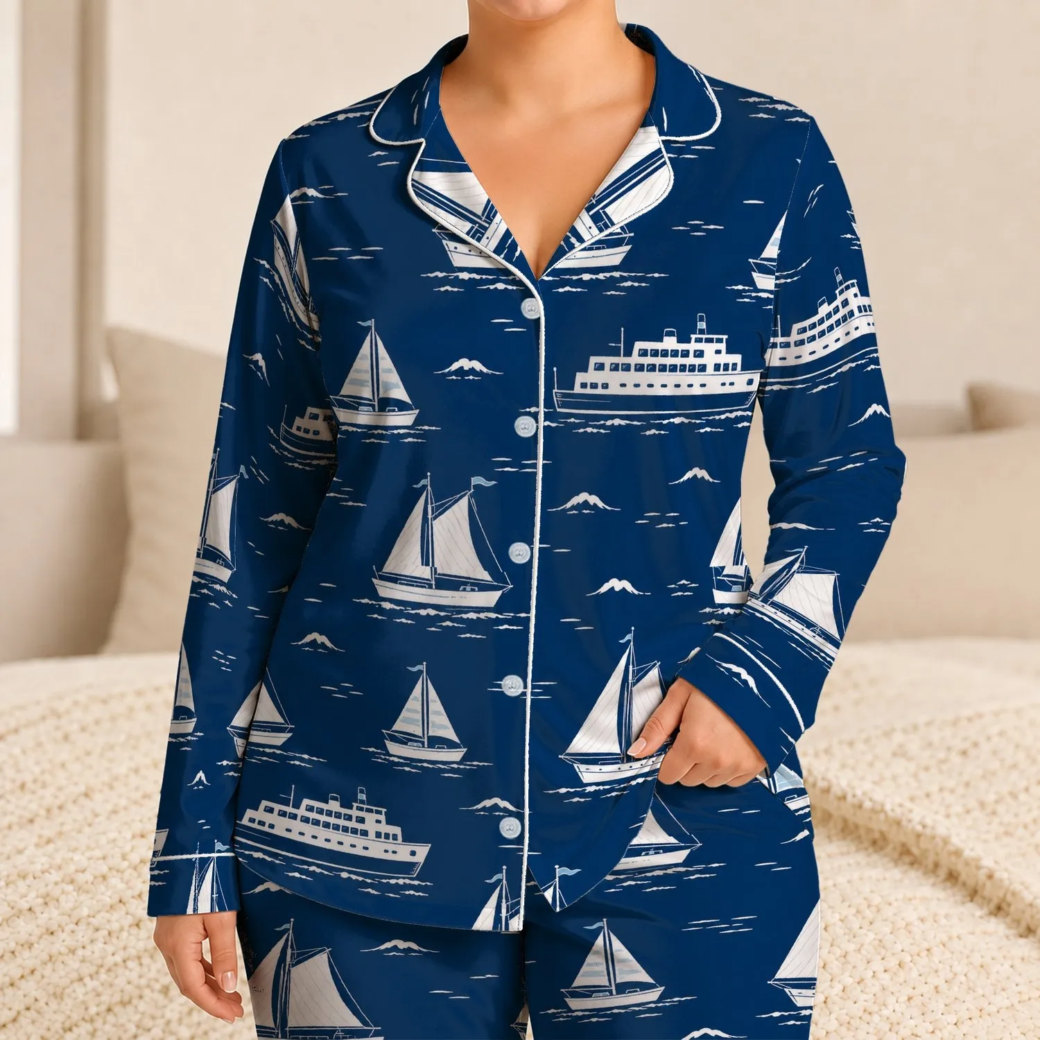 Nautical Sailboats And Ferries For Relaxed Coastal Lounging And Seaside Travel Enthusiasts Satin Pajamas Set - 1