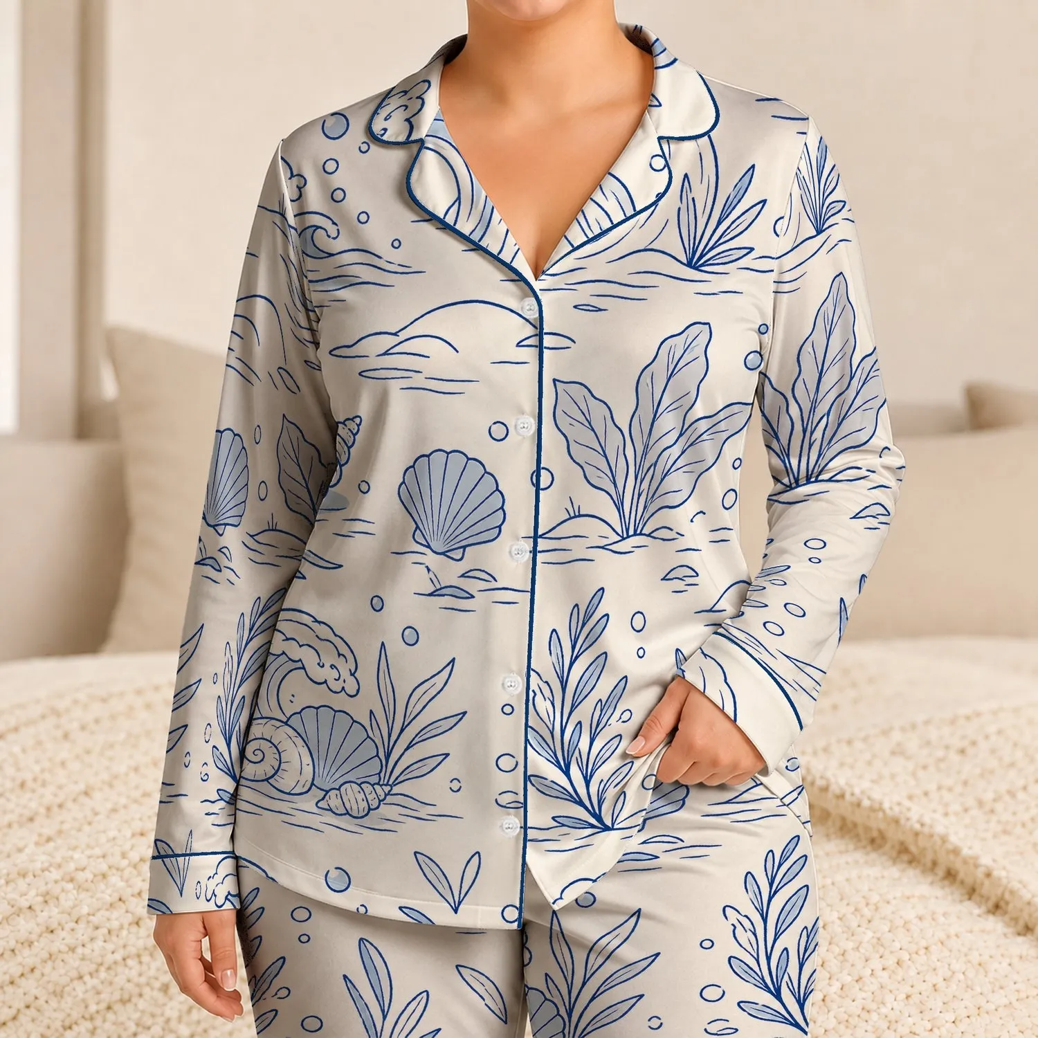 Cobalt Coastal Waves And Seashells For Relaxed Beach Getaways And Ocean Lovers At Home Satin Pajamas Set - 1