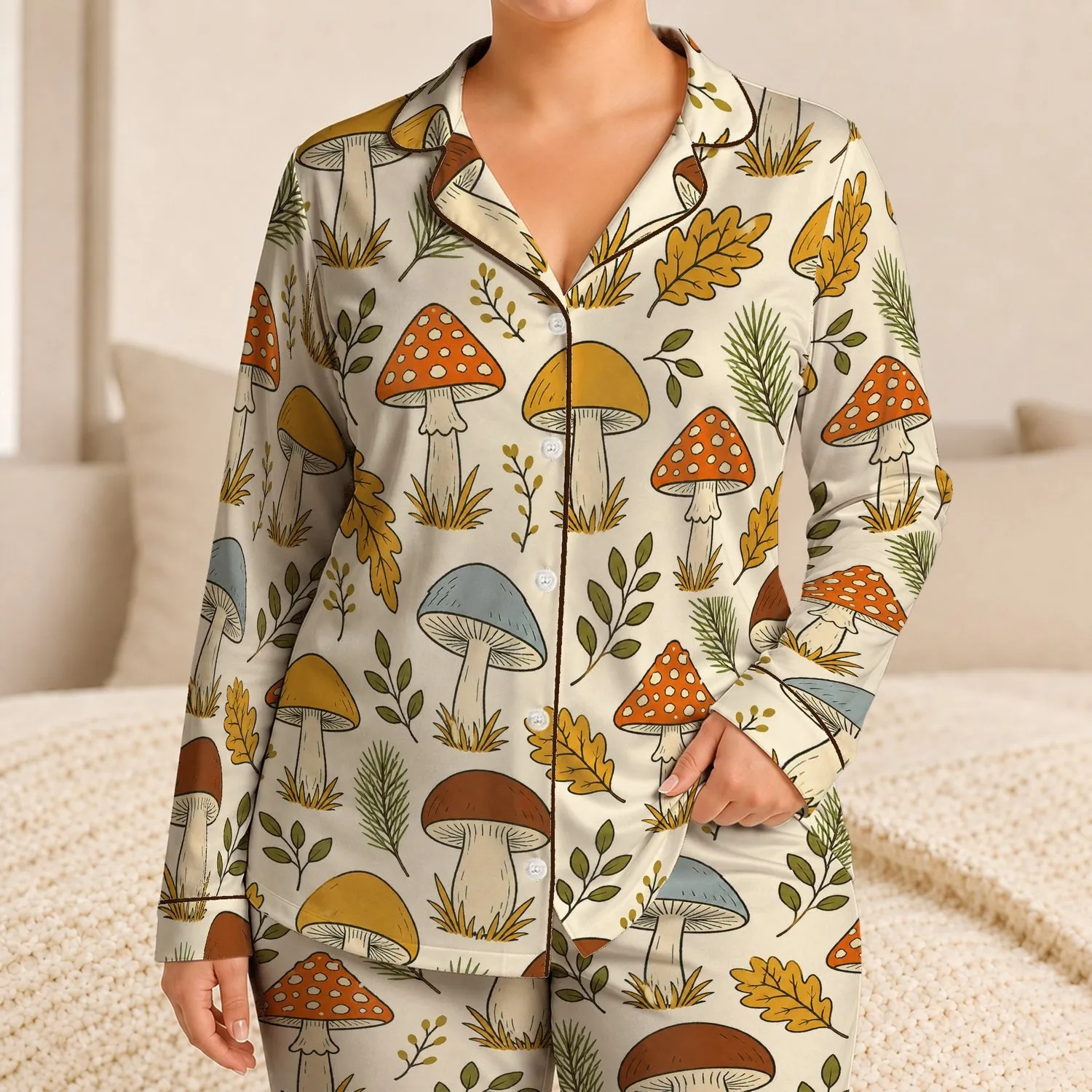 Woodland Mushroom And Botanical Motif for Cozy Autumn Lounging and Weekend Relaxing Satin Pajamas Set - 1