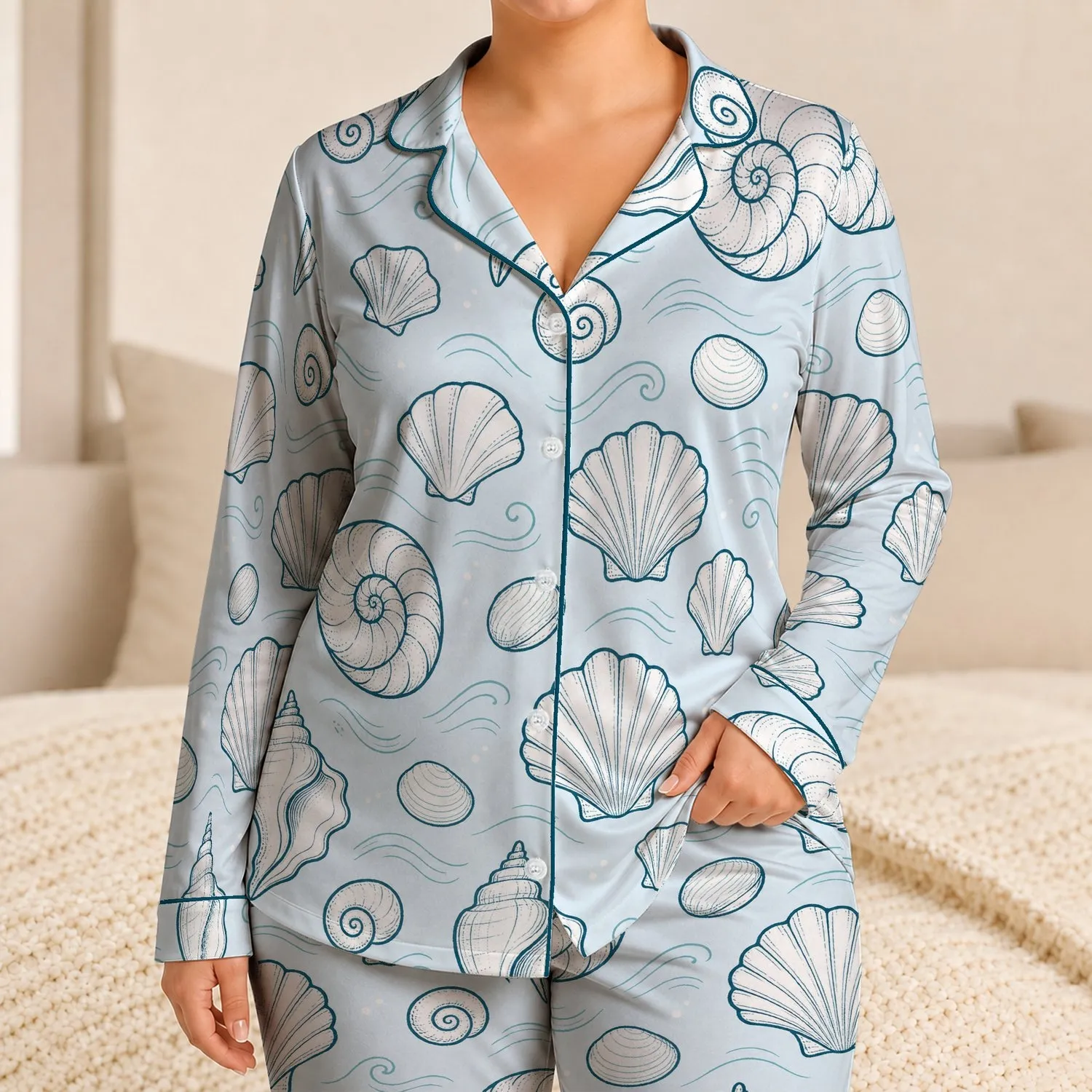 Coastal Seashell Nautilus And Conch Motifs For Relaxed Beach Weekend Lounging Women Satin Pajamas Set - 1