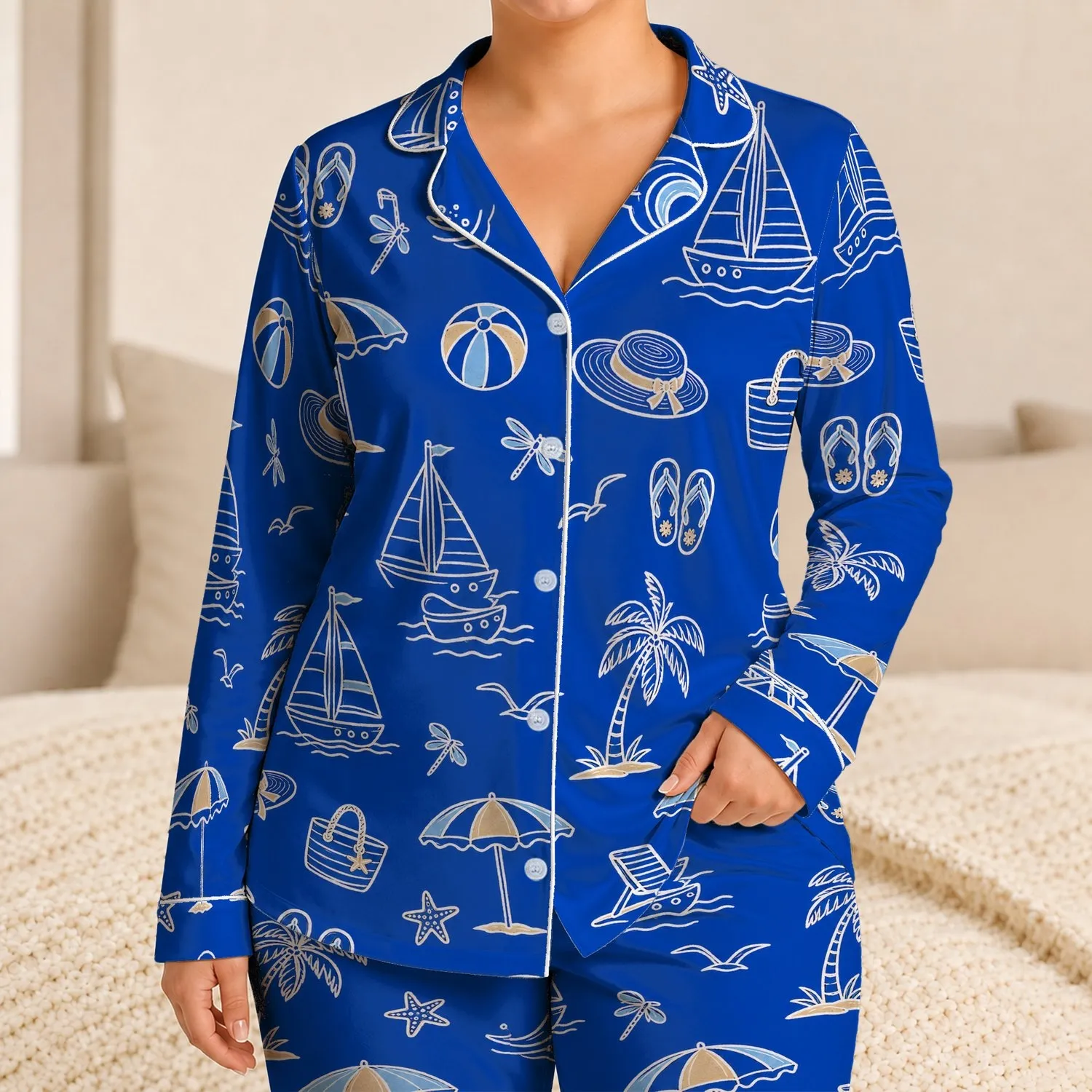 Cobalt Blue Coastal Sailboats Palm Trees And Beach Icons For Summer Vacation Women Satin Pajamas Set - 1