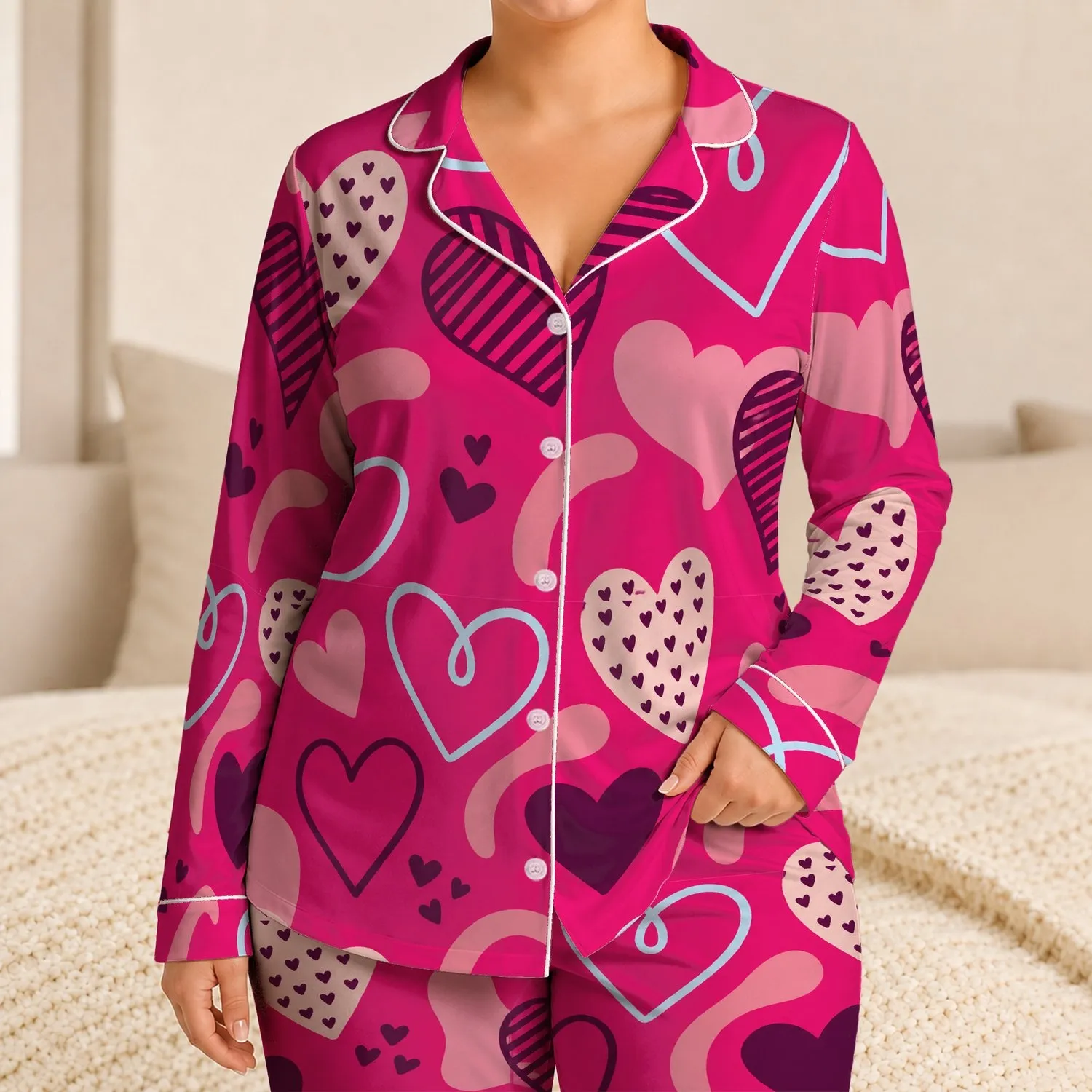 Fuchsia Valentine Hearts For Romantic Date Nights And Cozy At Home Gifts For Women Satin Pajamas Set - 1