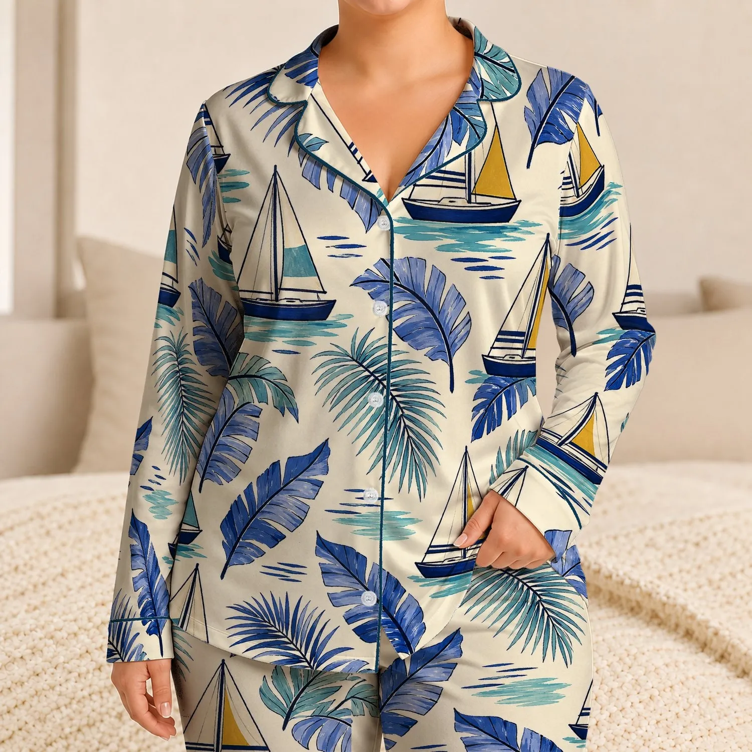 Tropical Sailboats And Palm Leaves For Coastal Resort Lounging Satin Pajamas Set - 1