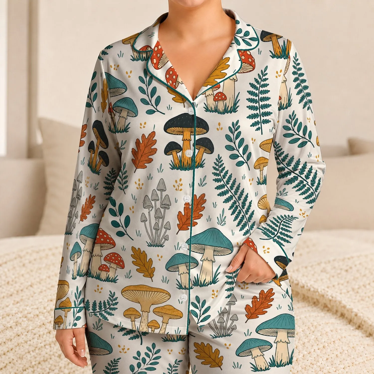 Woodland Mushroom And Fern Motifs For Cozy Autumn Lounging Nature Loving Women At Home Satin Pajamas Set - 1