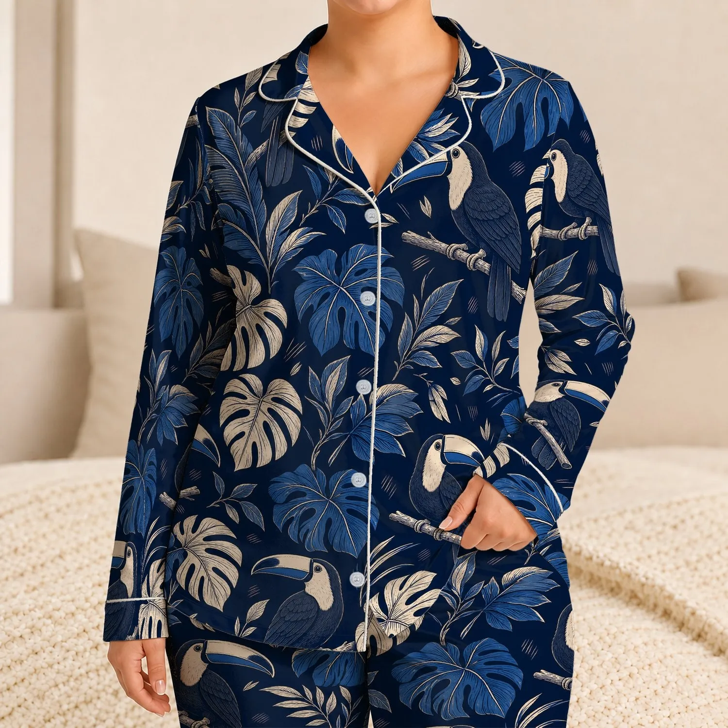 Vintage Toucan And Philodendron Tropical Resort Lounge Gift For Nature Bird Lovers Satin Pajamas Set - 1