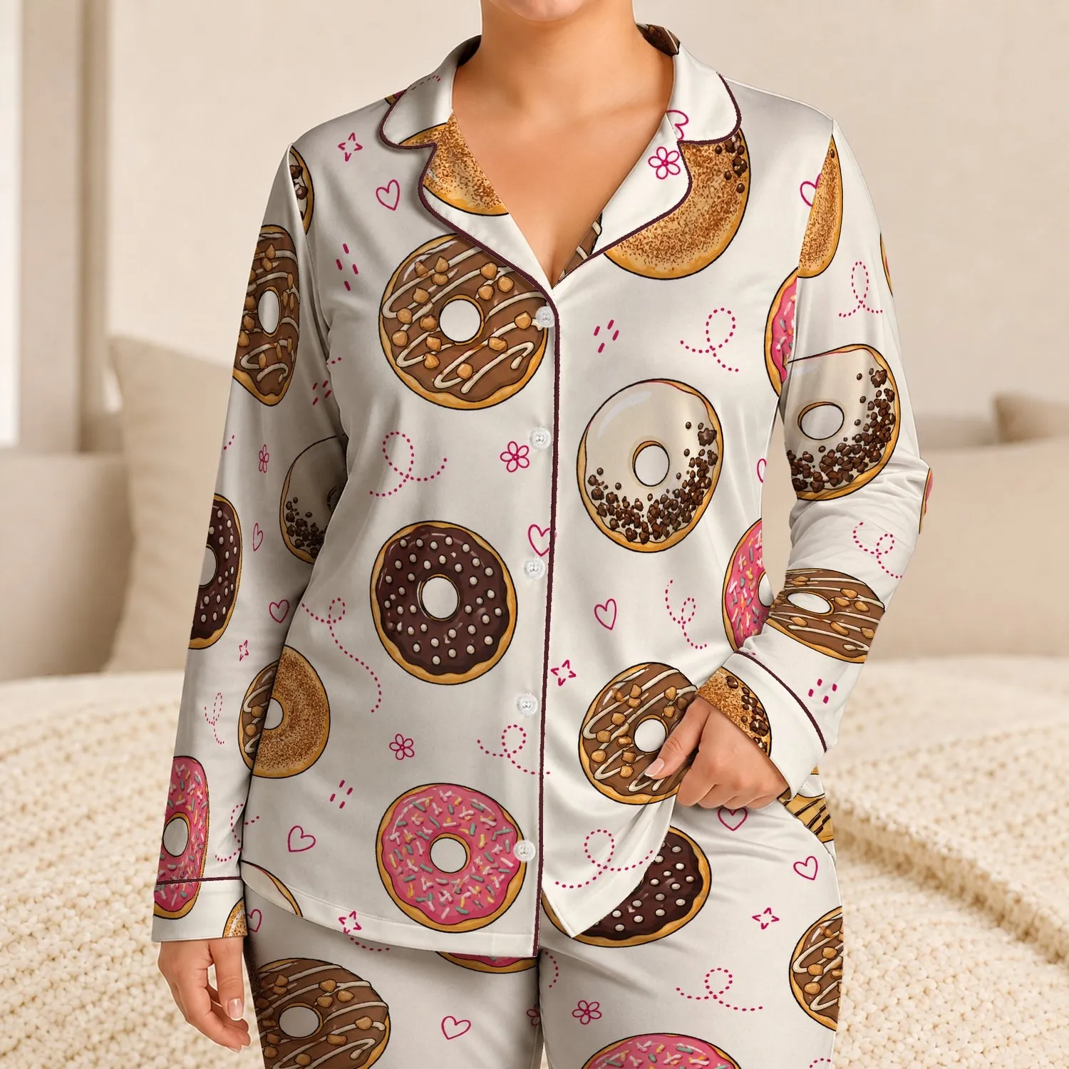 Colorful Donut Sprinkle Motifs For Cozy Sleepwear And Lounge Days, Sweet Bakery Lovers Satin Pajamas Set - 1