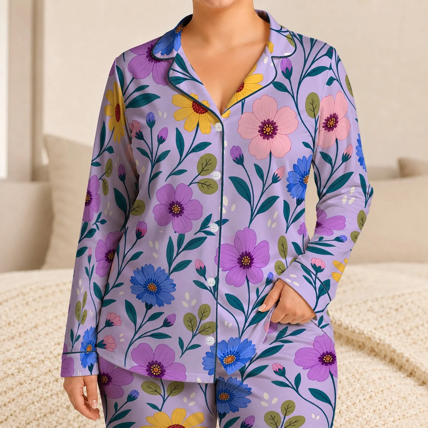 Lavender Wildflower Vines for Relaxed Summer Lounging and Cozy Evenings at Home For Women Satin Pajamas Set - 1