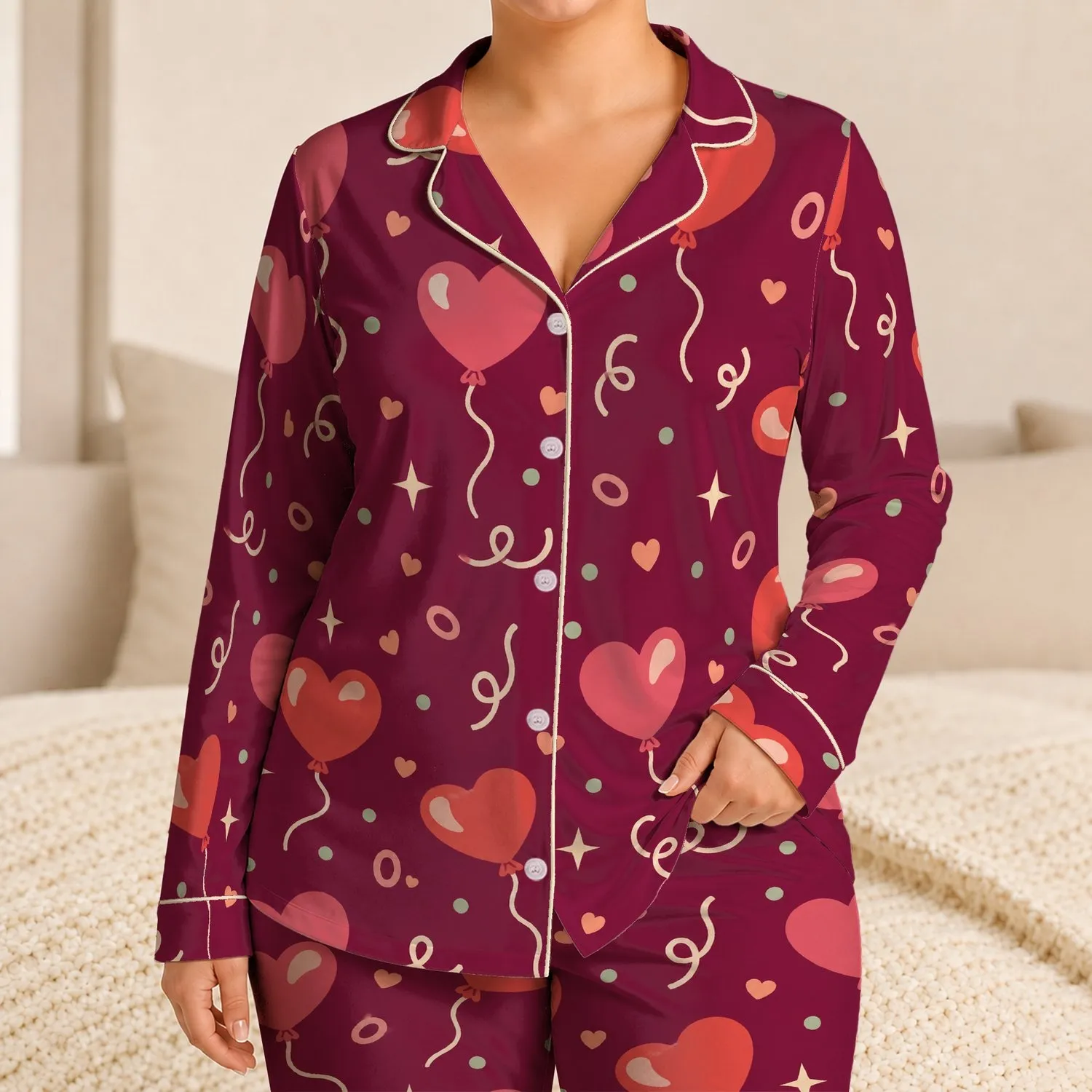 Coral Heart Balloon Motifs for Valentine's Day Romance and Relaxed Nights at Home Satin Pajamas Set - 1