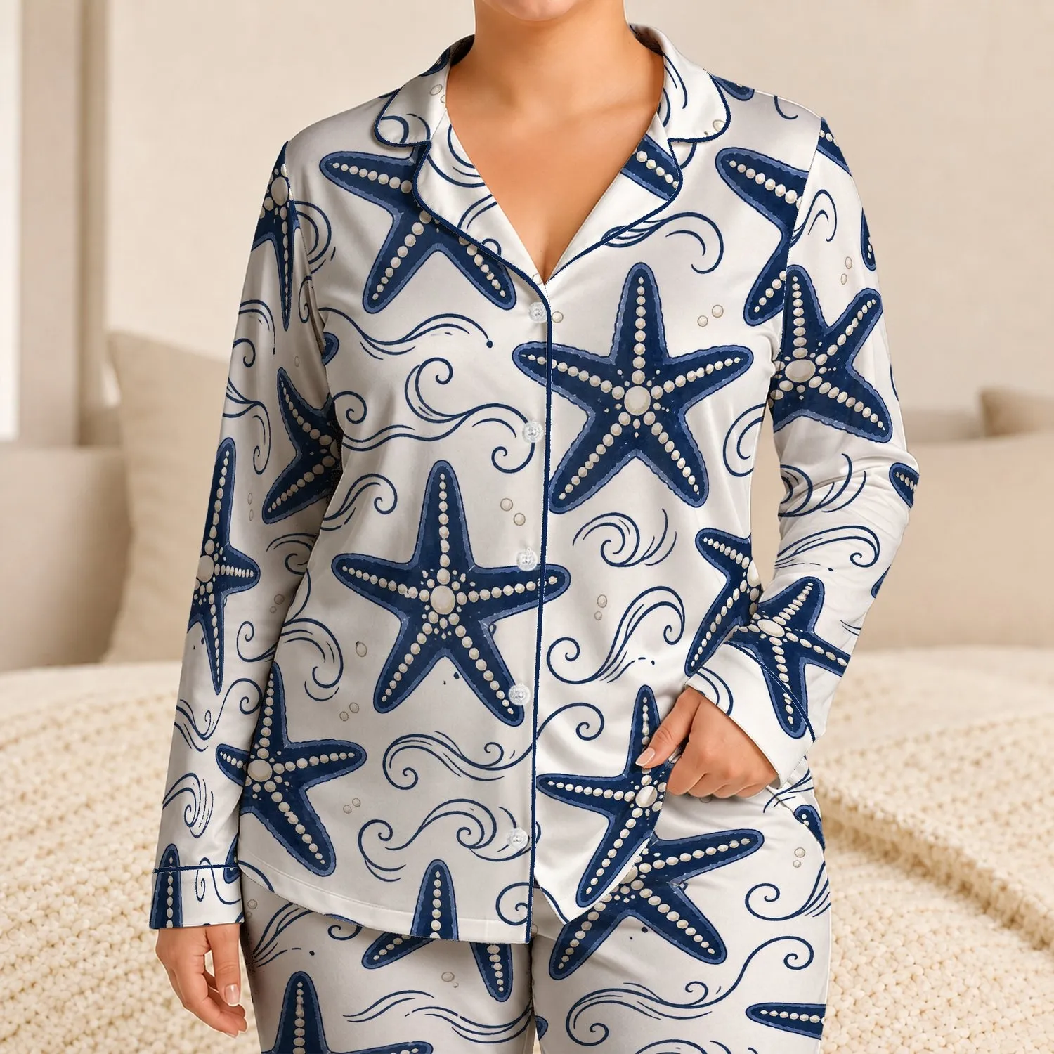 Navy Starfish And Ocean Swirls For Coastal Lounging Women Satin Pajamas Set - 1