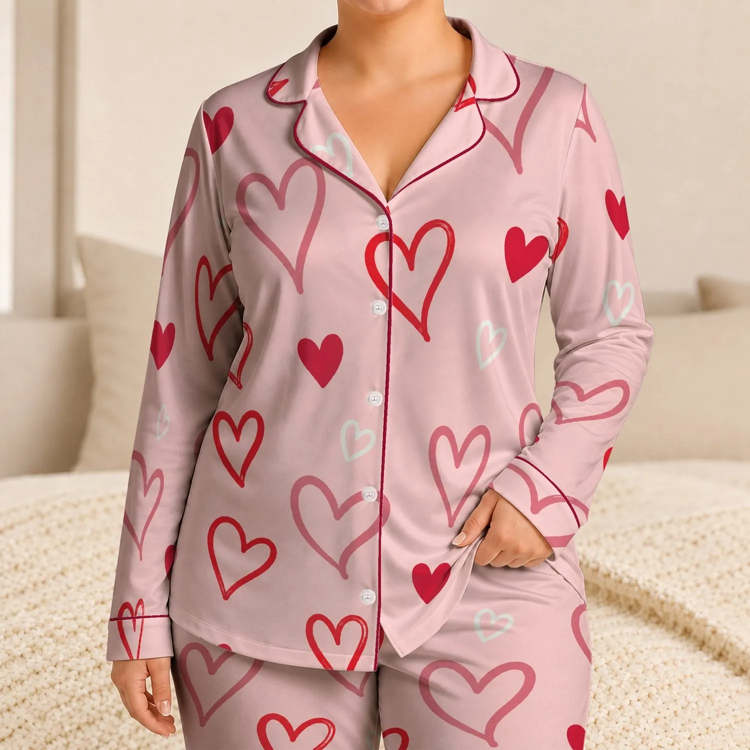 Hand Drawn Cherry Red Hearts for Cozy Valentine's Day Lounging and Romantic Gifting Satin Pajamas Set - 1