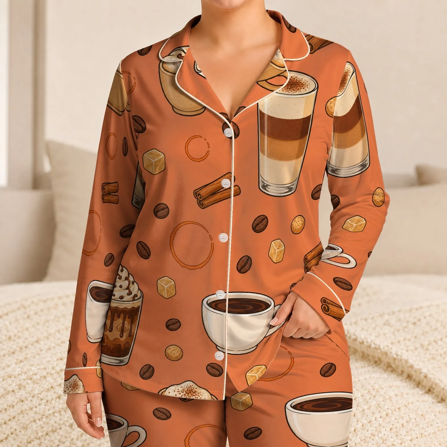 Retro Iced Mocha Latte and Cinnamon Coffeehouse Motifs for Cozy Cafe Lounge Lovers Satin Pajamas Set - 1