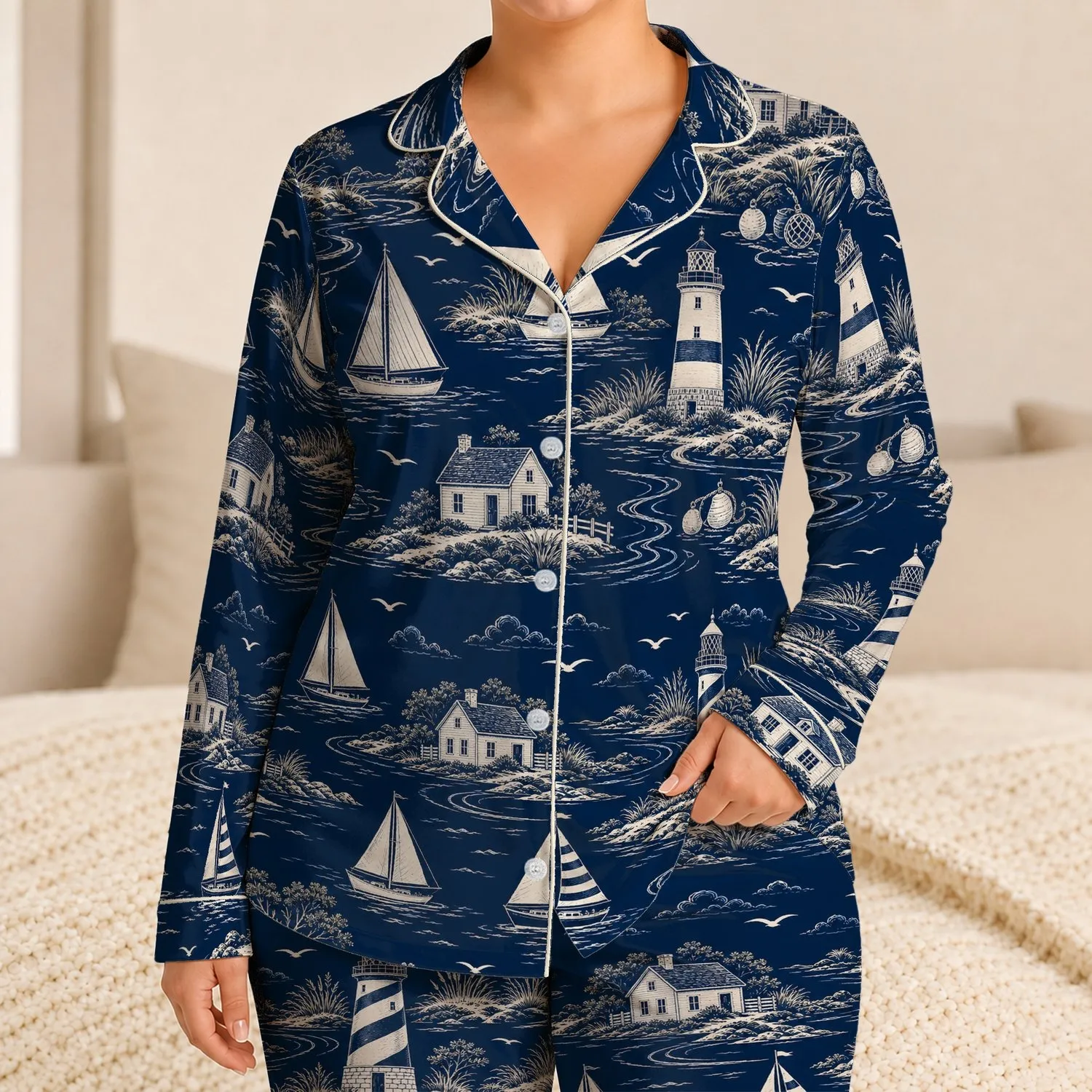 Nautical Lighthouse Sailboat Toile for Coastal Lounging and Seaside Gift Giving Satin Pajamas Set - 1