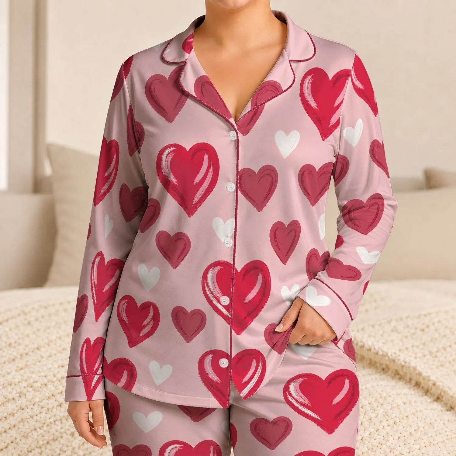 Hand Painted Red Heart Motif for Cozy Valentine Sleepwear and Romantic Women's Lounging Satin Pajamas Set - 1