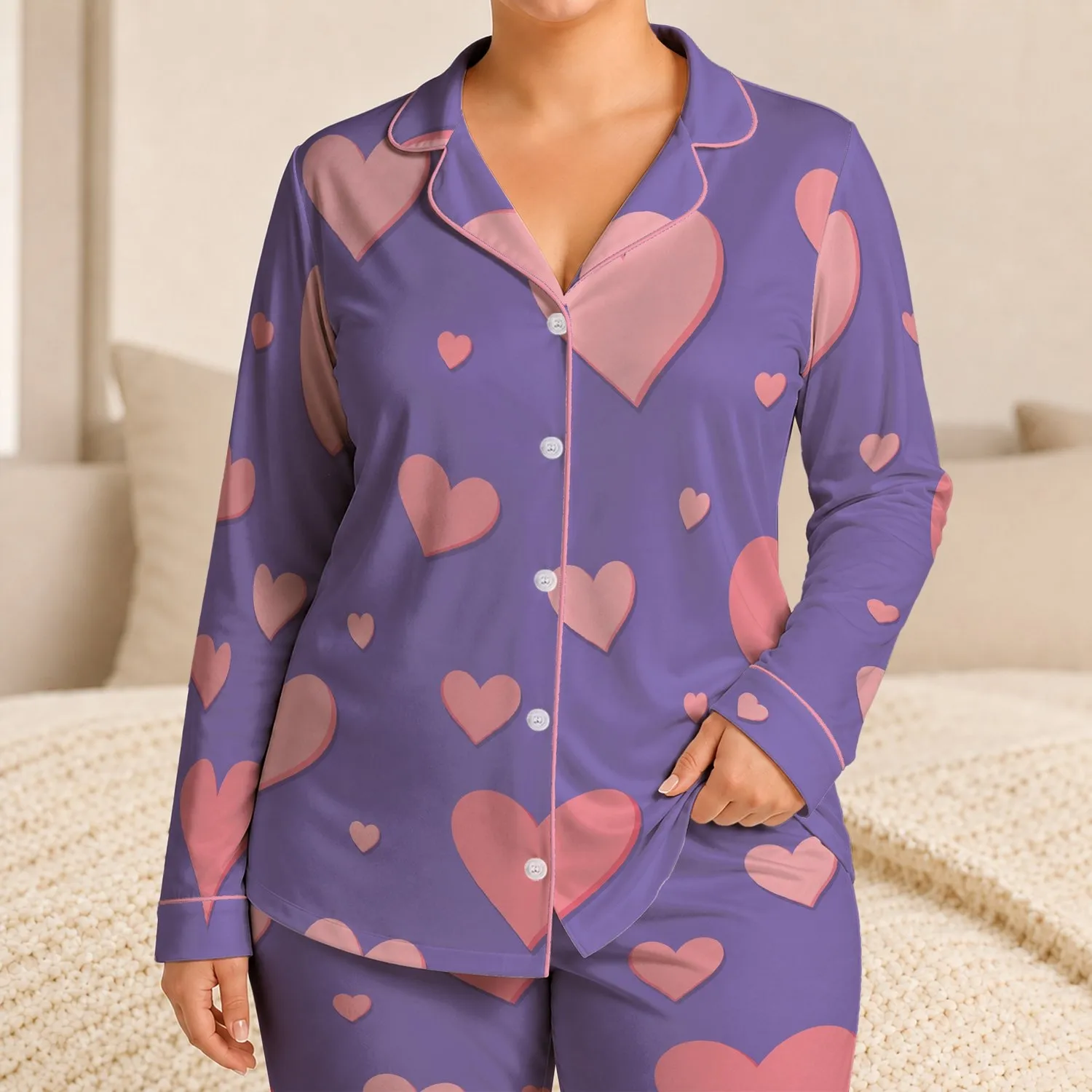 Blush Pink Hearts on Dusky Lavender for Cozy Valentine's Nights for Women and Teens Satin Pajamas Set - 1