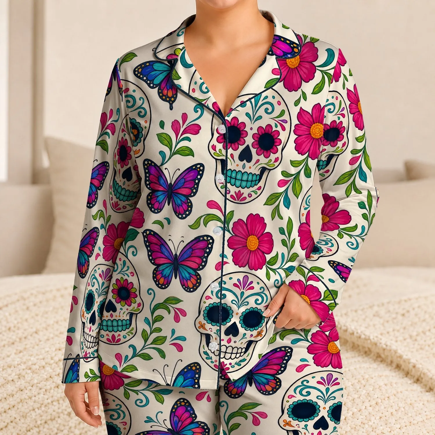 Vibrant Sugar Skulls, Butterflies And Flowers for Dia De Los Muertos Celebrations Satin Pajamas Set - 1
