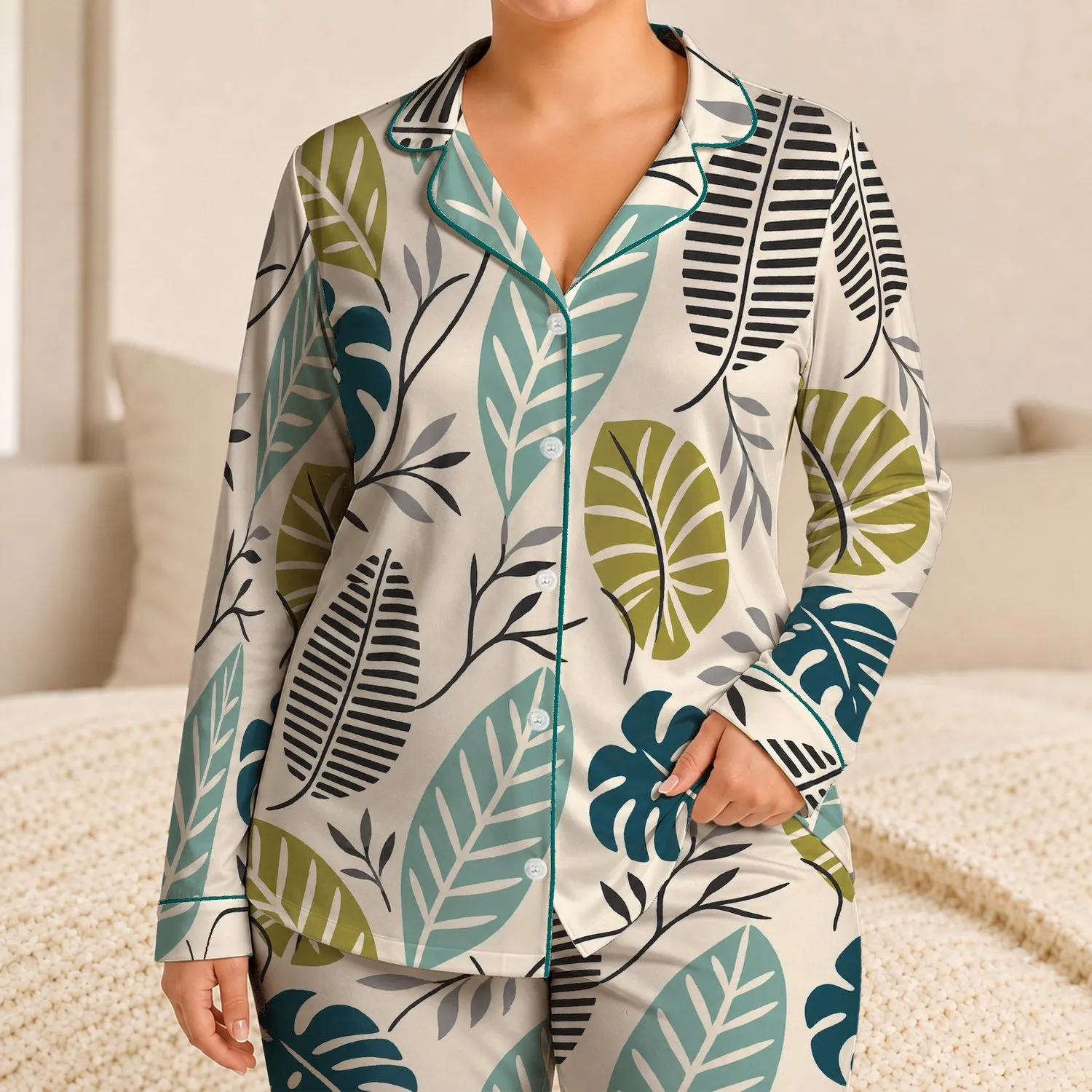Teal And Chartreuse Tropical Leaves for Relaxed Evenings At Home and Weekend Getaways Satin Pajamas Set - 1