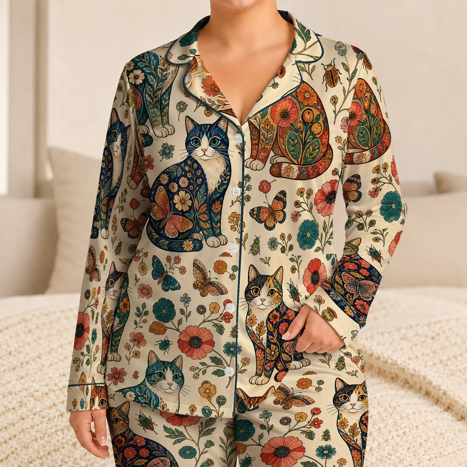 Stained Glass Patchwork Cats and Moths for Cozy Evenings at Home, Botanical Cat Lovers Satin Pajamas Set - 1