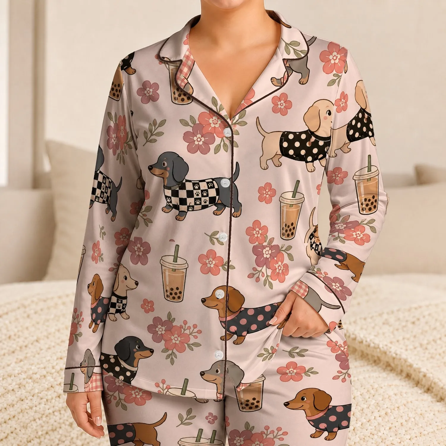Dachshund Bubble Tea And Floral Motif for Cozy Bedtime Gifts for Women Dog Lovers Satin Pajamas Set - 1