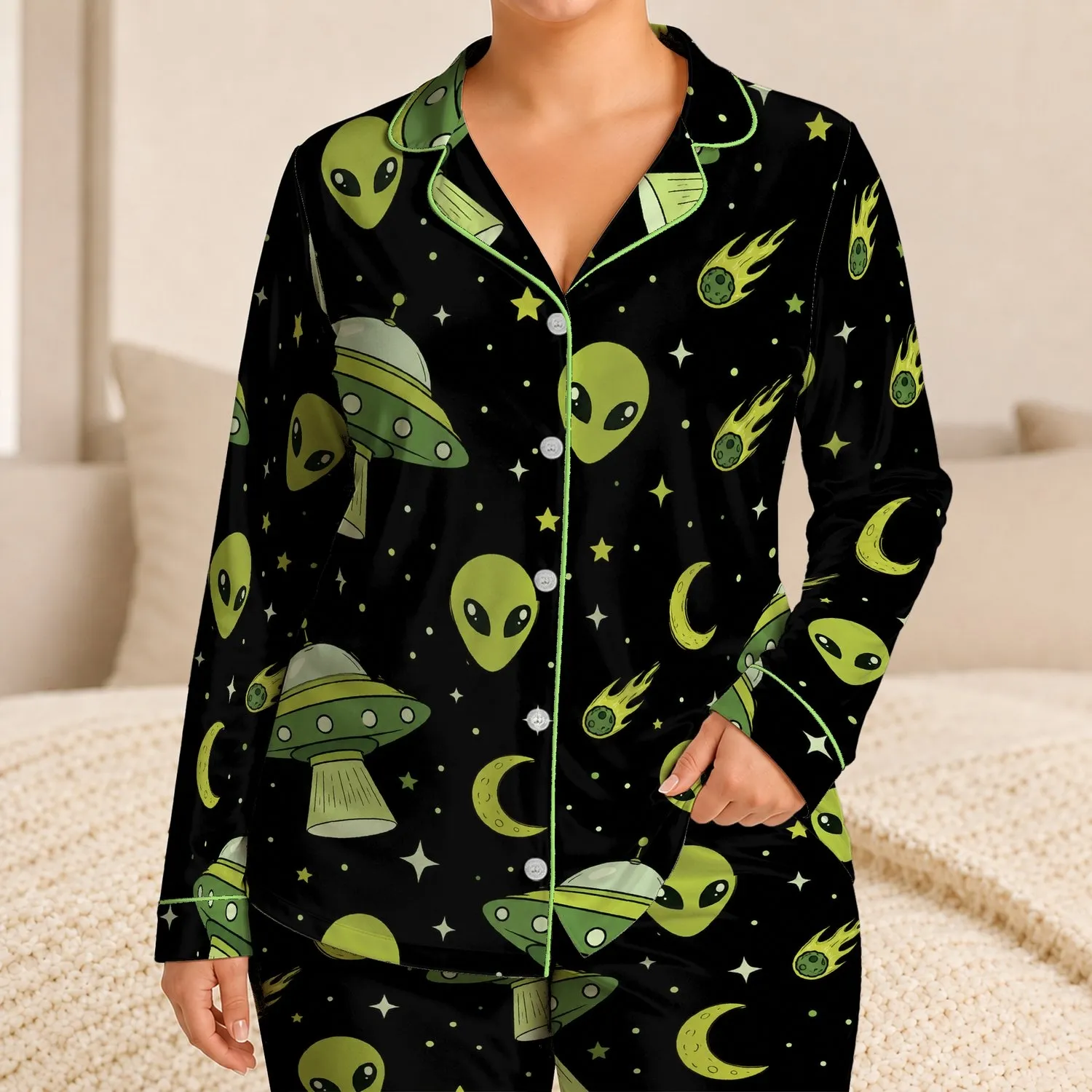 Retro Alien Flying Saucers And Crescent Moons For Cozy Nighttime Lounging Space Fans Satin Pajamas Set - 1