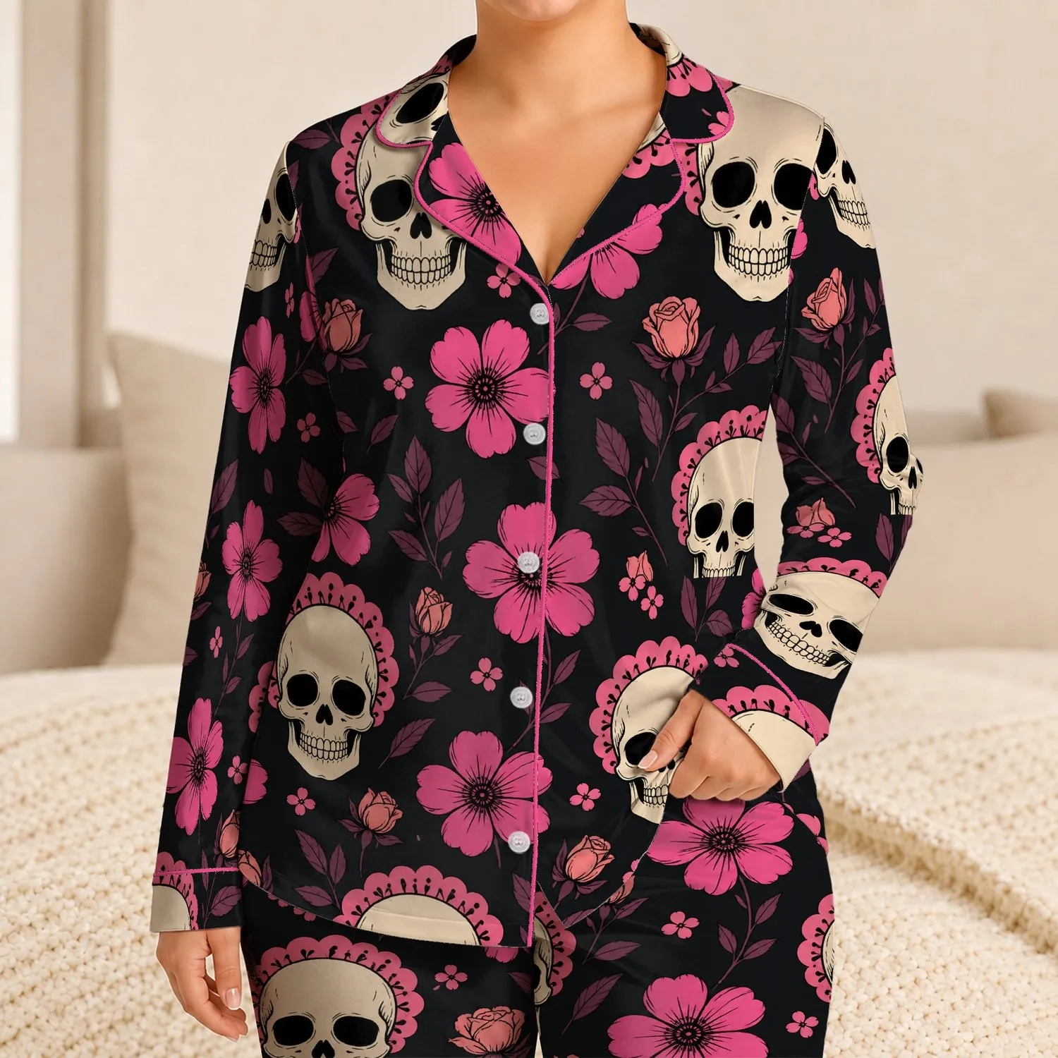 Pink Floral Skull Motifs for Spooky Season Lounging and Alternative Style Lovers Satin Pajamas Set - 1