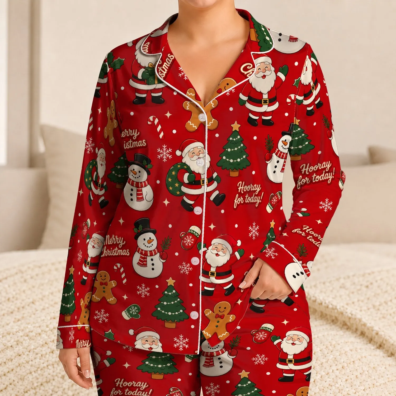 Cheerful Santa Gingerbread Snowman Holly Christmas Motifs For Holiday Celebrations Satin Pajamas Set - 1