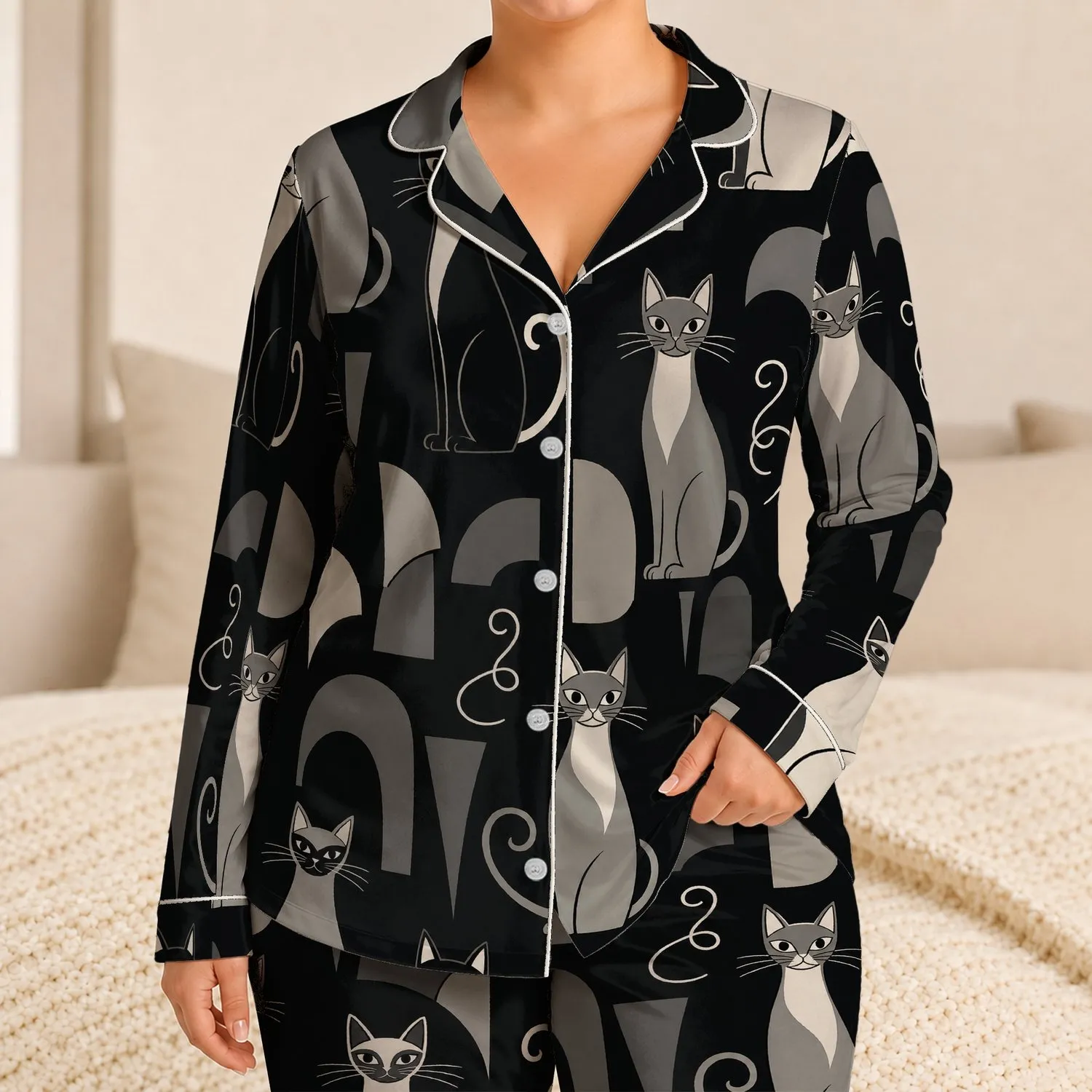 Modernist Black And White Cats For Cozy Lounging And Relaxed Bedtime Wear For Women At Home Satin Pajamas Set - 1