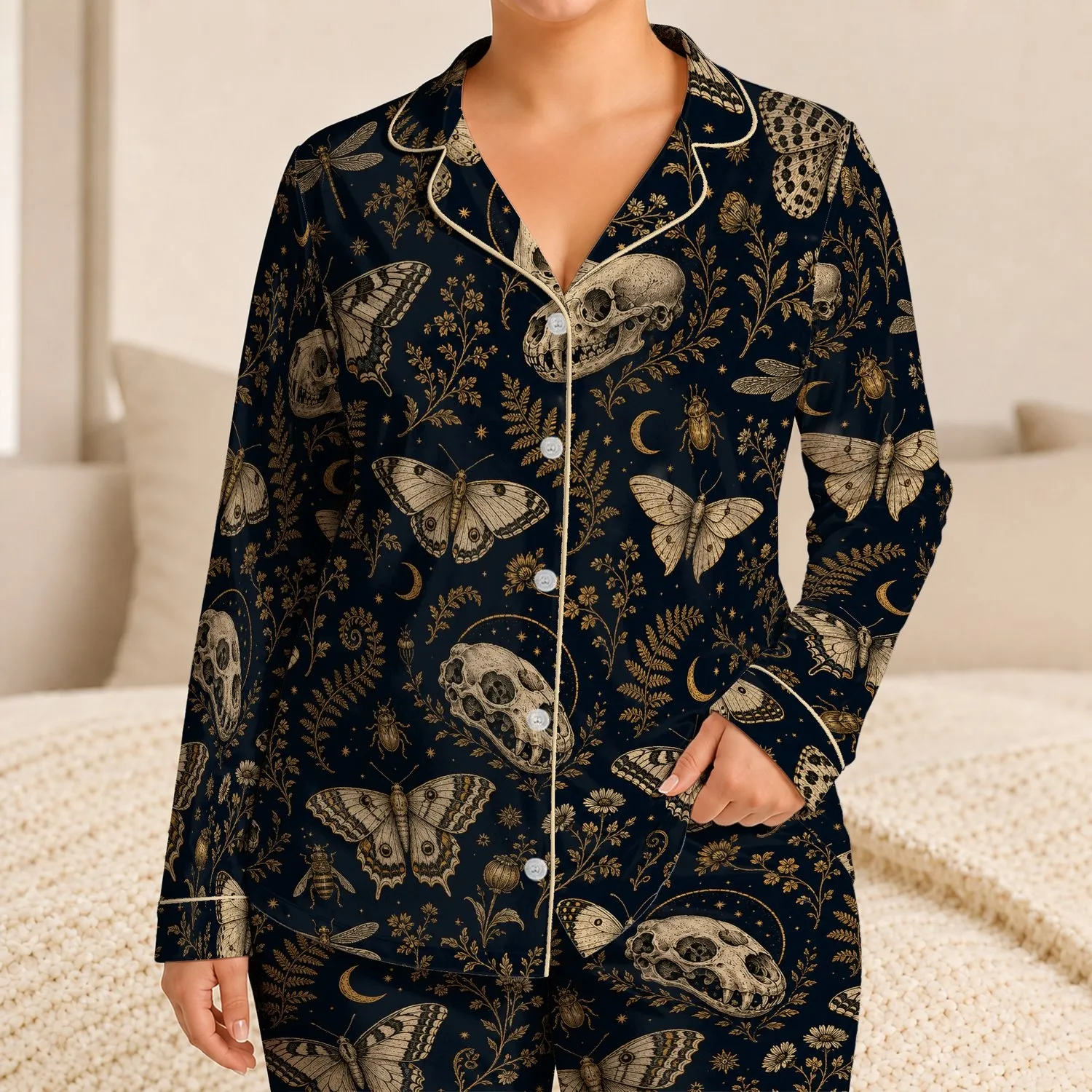 Vintage Moths Skulls And Botanical Night Motif For Gothic Sleepwear And Relaxing Satin Pajamas Set - 1