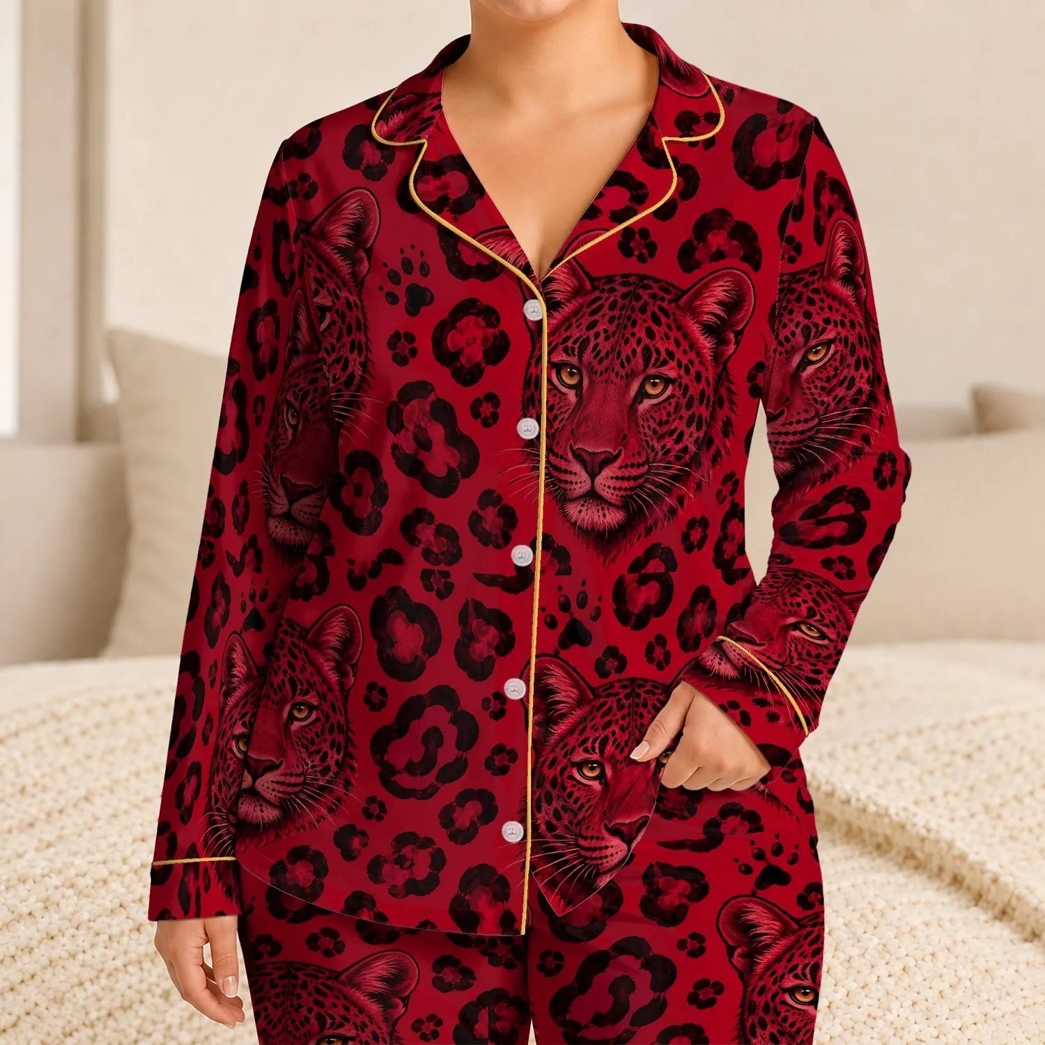 Bold Crimson Leopard Faces for Cozy Evening Lounge Style and Wild Cat Fashion Lovers Satin Pajamas Set - 1