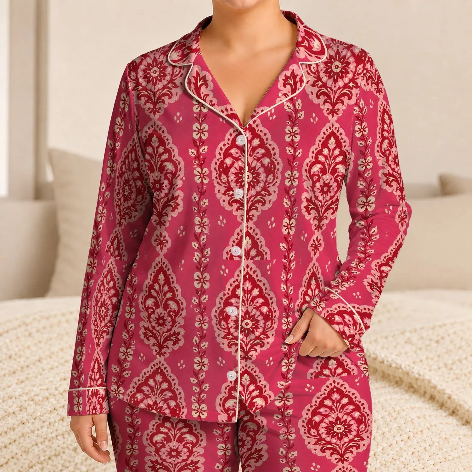 Raspberry Bohemian Damask Floral Motifs For Cozy Lounge Nights And Textile Lovers Satin Pajamas Set - 1