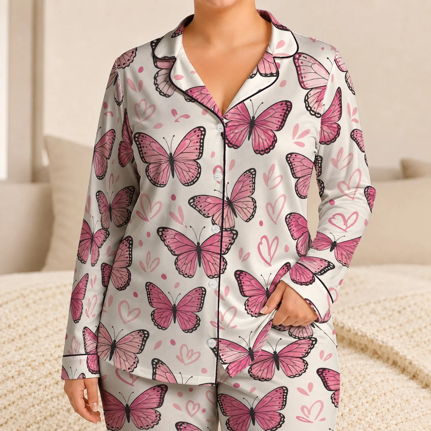 Pink Butterfly Heart Motif for Romantic Lounging, Sleepovers and Bridal Shower Weekends Satin Pajamas Set - 1