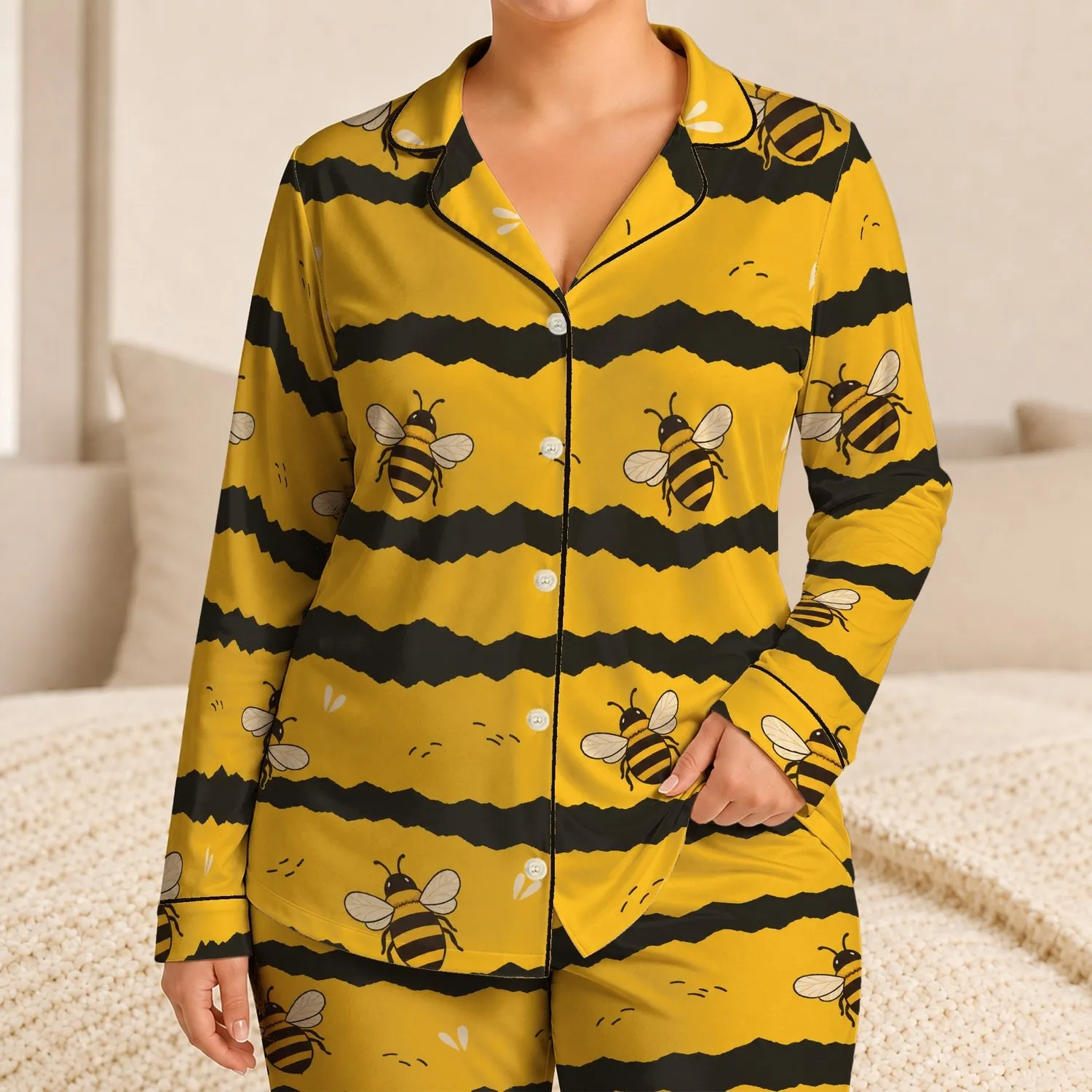 Honeybee And Black Stripe Loungewear for Cozy Bedtime, Bee Lovers and Yellow Decor Fans Satin Pajamas Set - 1