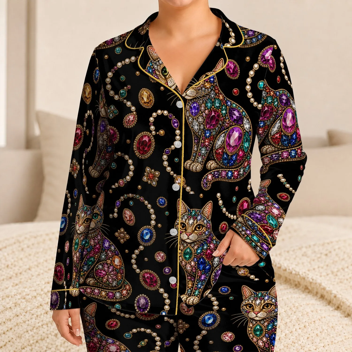 Four Jeweled Mosaic Cats for Cozy Cat Lover Nights, Relaxed Lounging, and Home Gifts Satin Pajamas Set - 1