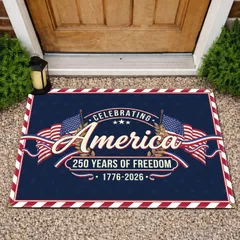America 250th Anniversary Flag 1776-2026 - Patriotic Laurel Wreath Display Doormat