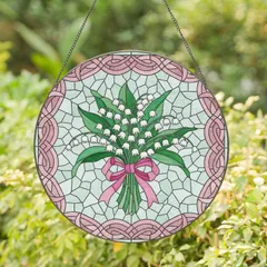 Lily of the Valley Flowers Fuchsia Ribbon - Home Decor Gift for Flower Lover Stained Glass Suncatcher