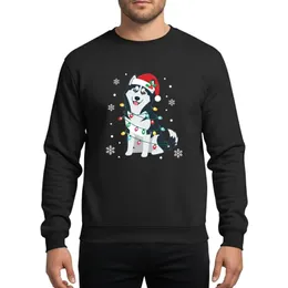 Siberian Husky Lovers' Festive Black White Grey Husky in Red Santa Hat & Multicolor Christmas Lights Sweatshirt