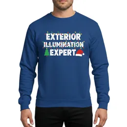 Outdoor Christmas Decorators' Distressed White Text, Red Green Yellow String Lights, Festive Tree & Santa Hat Holiday Graphic Sweatshirt