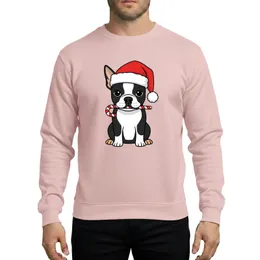 Kids' Whimsical Black White Boston Terrier Puppy Red Santa Hat Striped Candy Cane Christmas Art Sweatshirt