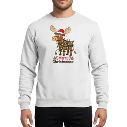 Holiday Animal Lovers' Whimsical 'Christmoose' Brown Moose Tangled in Colorful Lights & Red Santa Hat Cartoon Sweatshirt
